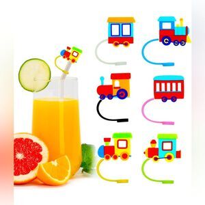 Colorful Train Themed Reusable Food Grade Silicone Straw Sleeve Caps 6pcs NIP